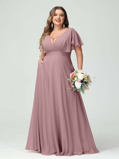 Plus Size Chiffon Bridesmaid Dresses with Pockets – A-Line/Princess V-Neck Short Sleeves