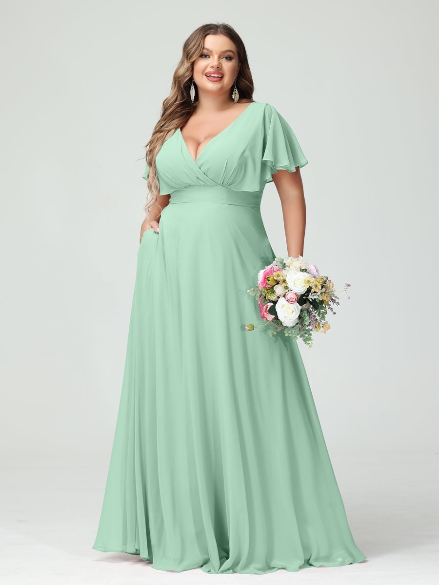 Plus Size Chiffon Bridesmaid Dresses with Pockets – A-Line/Princess V-Neck Short Sleeves