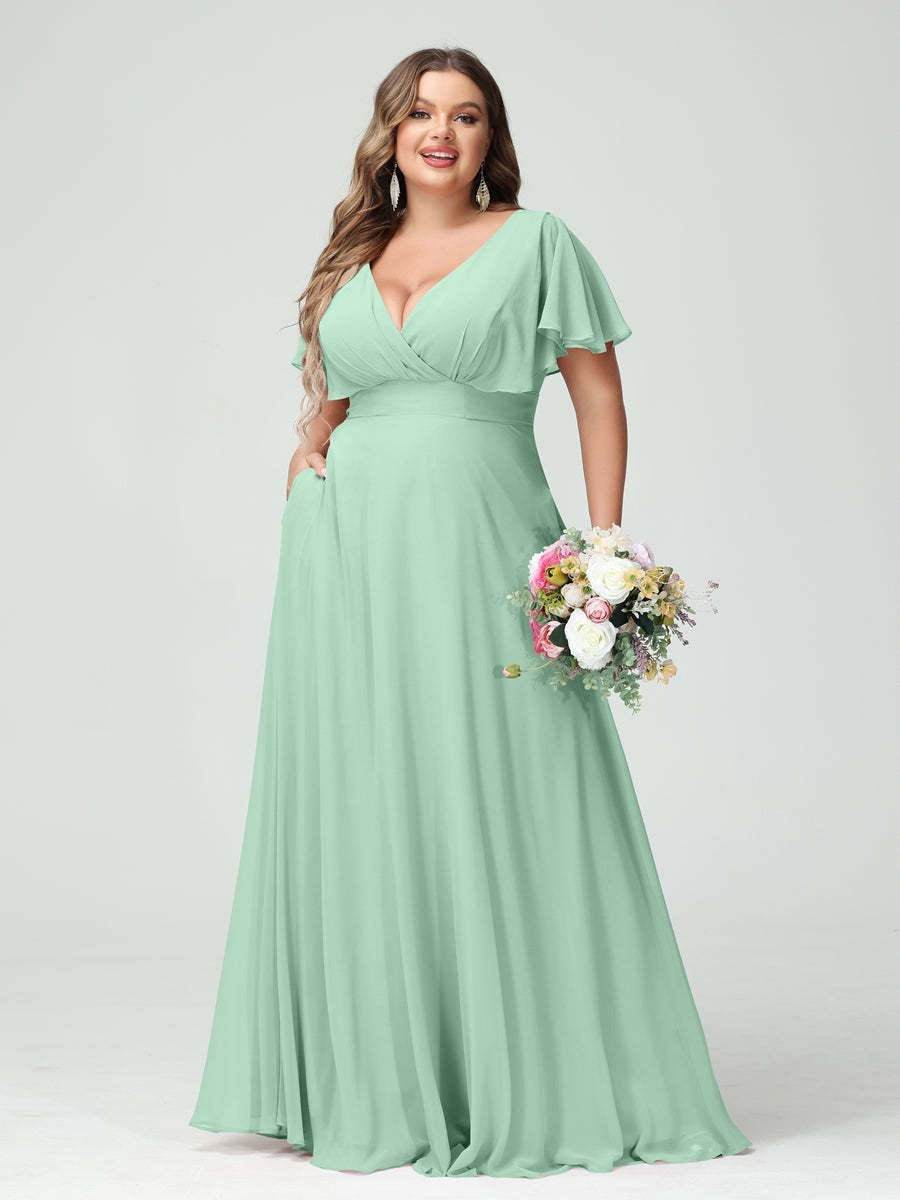Plus Size Chiffon Bridesmaid Dresses with Pockets – A-Line/Princess V-Neck Short Sleeves