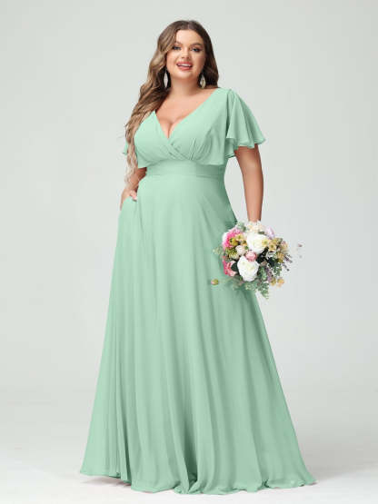 Plus Size Chiffon Bridesmaid Dresses with Pockets – A-Line/Princess V-Neck Short Sleeves