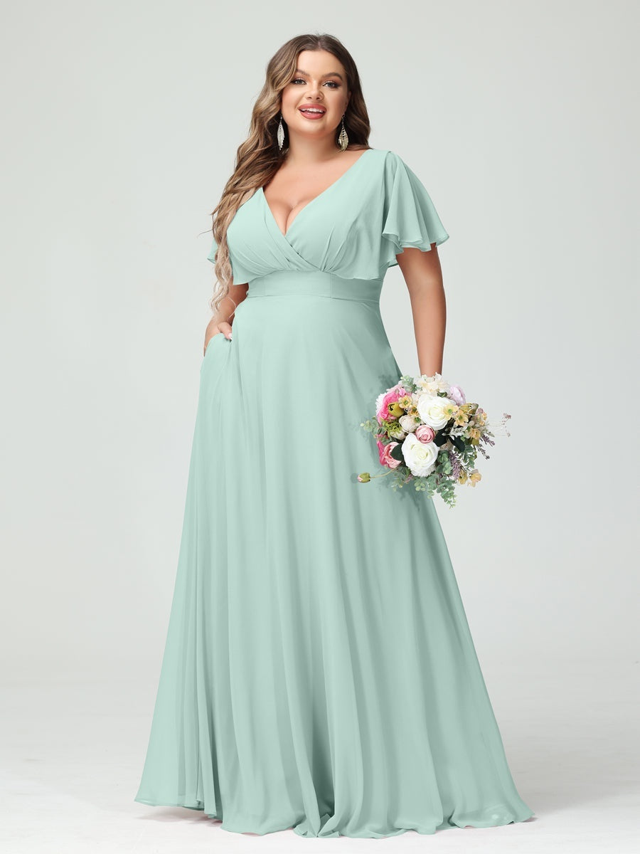 Plus Size Chiffon Bridesmaid Dresses with Pockets – A-Line/Princess V-Neck Short Sleeves
