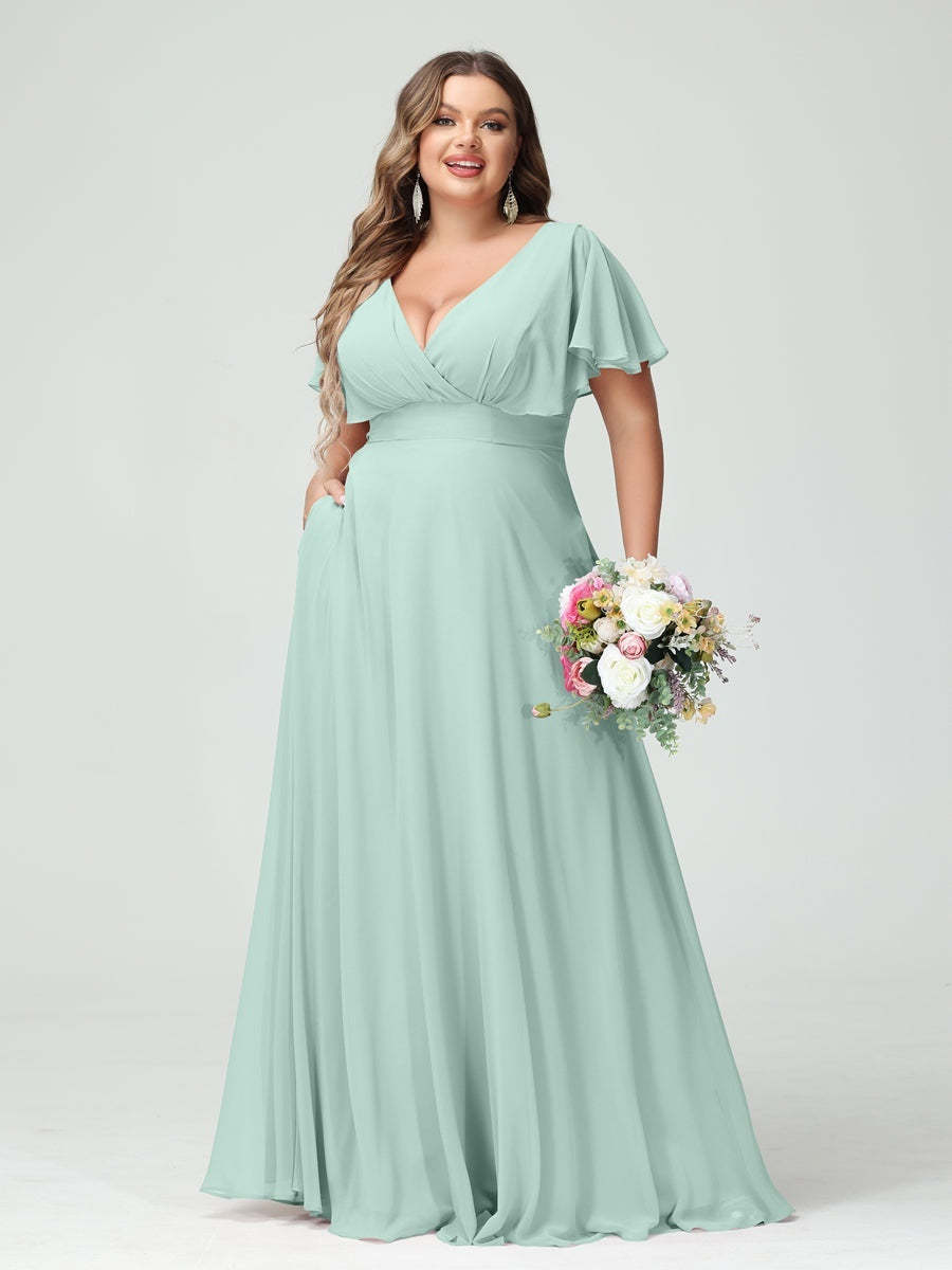 Plus Size Chiffon Bridesmaid Dresses with Pockets – A-Line/Princess V-Neck Short Sleeves