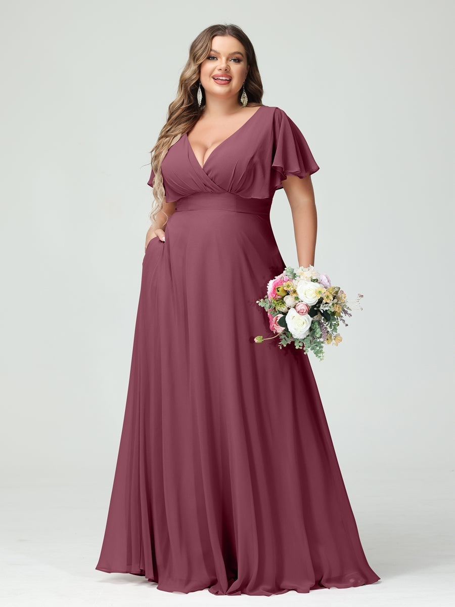 Plus Size Chiffon Bridesmaid Dresses with Pockets – A-Line/Princess V-Neck Short Sleeves