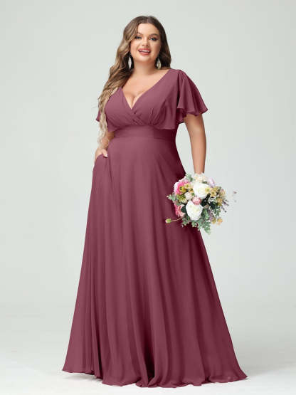Plus Size Chiffon Bridesmaid Dresses with Pockets – A-Line/Princess V-Neck Short Sleeves