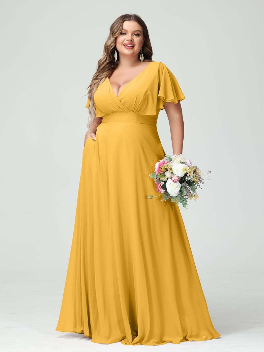 Plus Size Chiffon Bridesmaid Dresses with Pockets – A-Line/Princess V-Neck Short Sleeves