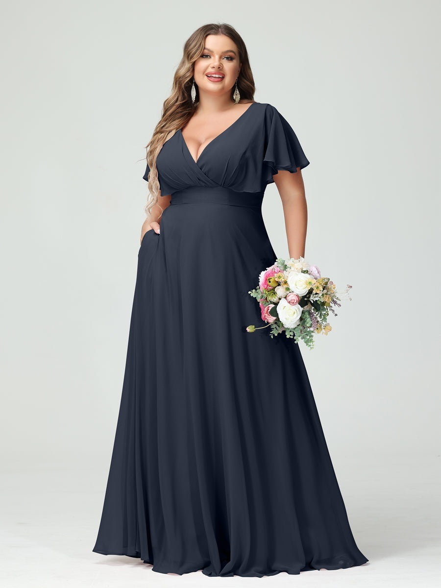 Plus Size Chiffon Bridesmaid Dresses with Pockets – A-Line/Princess V-Neck Short Sleeves