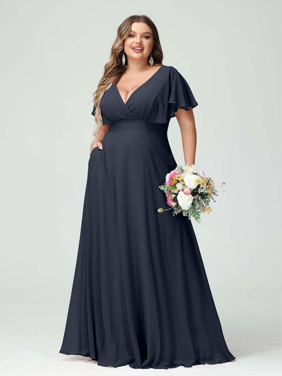 Plus Size Chiffon Bridesmaid Dresses with Pockets – A-Line/Princess V-Neck Short Sleeves