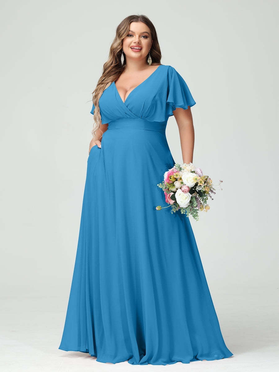Plus Size Chiffon Bridesmaid Dresses with Pockets – A-Line/Princess V-Neck Short Sleeves