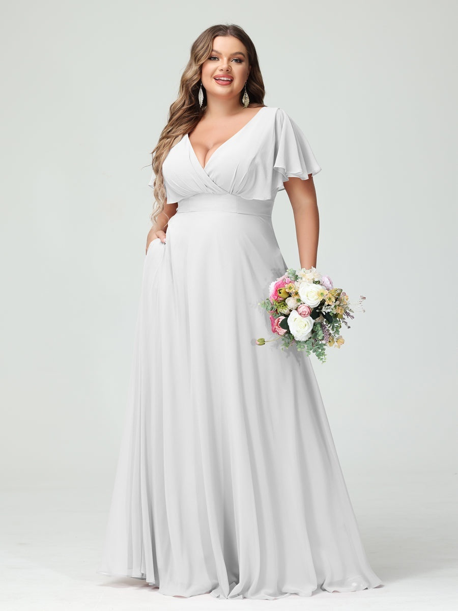 Plus Size Chiffon Bridesmaid Dresses with Pockets – A-Line/Princess V-Neck Short Sleeves