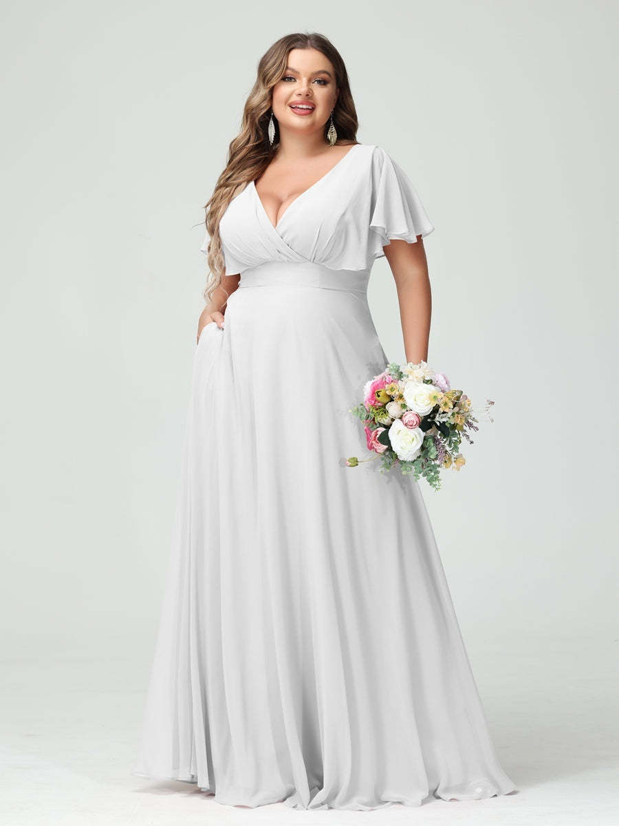 Plus Size Chiffon Bridesmaid Dresses with Pockets – A-Line/Princess V-Neck Short Sleeves