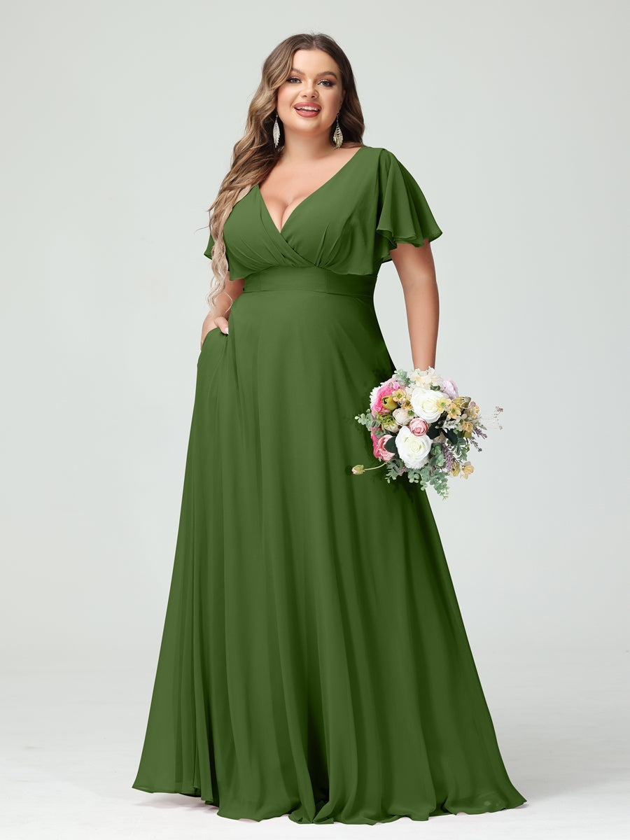 Plus Size Chiffon Bridesmaid Dresses with Pockets – A-Line/Princess V-Neck Short Sleeves