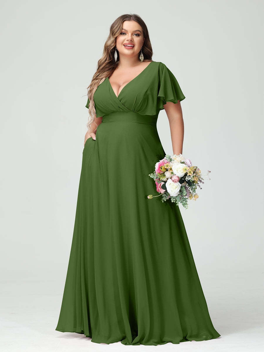 Plus Size Chiffon Bridesmaid Dresses with Pockets – A-Line/Princess V-Neck Short Sleeves