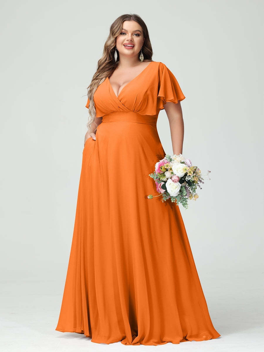 Plus Size Chiffon Bridesmaid Dresses with Pockets – A-Line/Princess V-Neck Short Sleeves