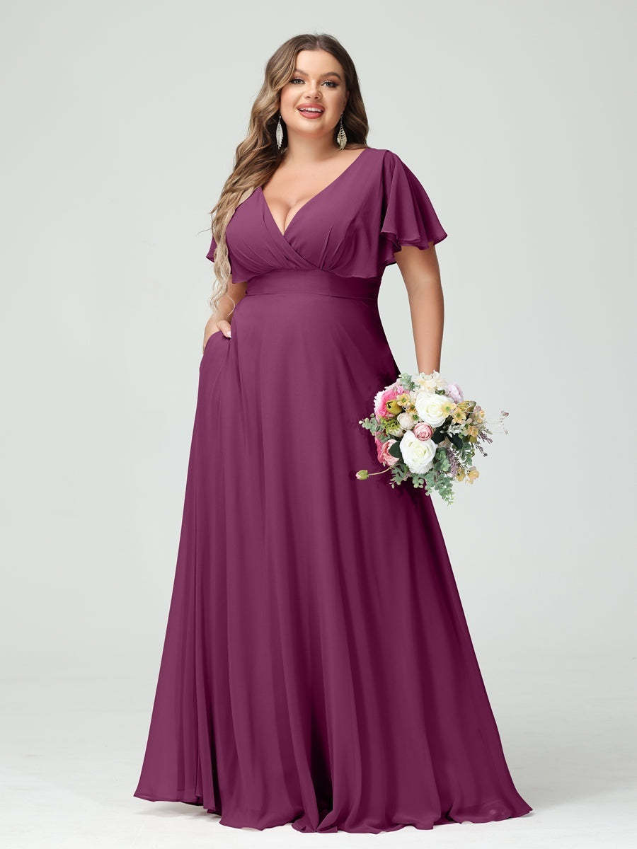 Plus Size Chiffon Bridesmaid Dresses with Pockets – A-Line/Princess V-Neck Short Sleeves