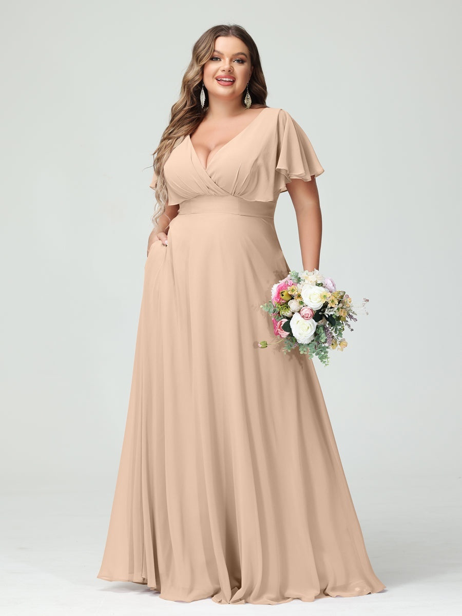 Plus Size Chiffon Bridesmaid Dresses with Pockets – A-Line/Princess V-Neck Short Sleeves