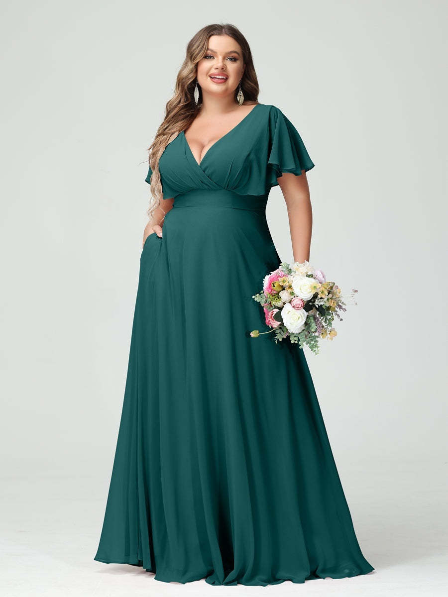 Plus Size Chiffon Bridesmaid Dresses with Pockets – A-Line/Princess V-Neck Short Sleeves