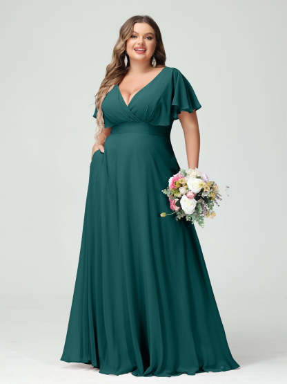 Plus Size Chiffon Bridesmaid Dresses with Pockets – A-Line/Princess V-Neck Short Sleeves