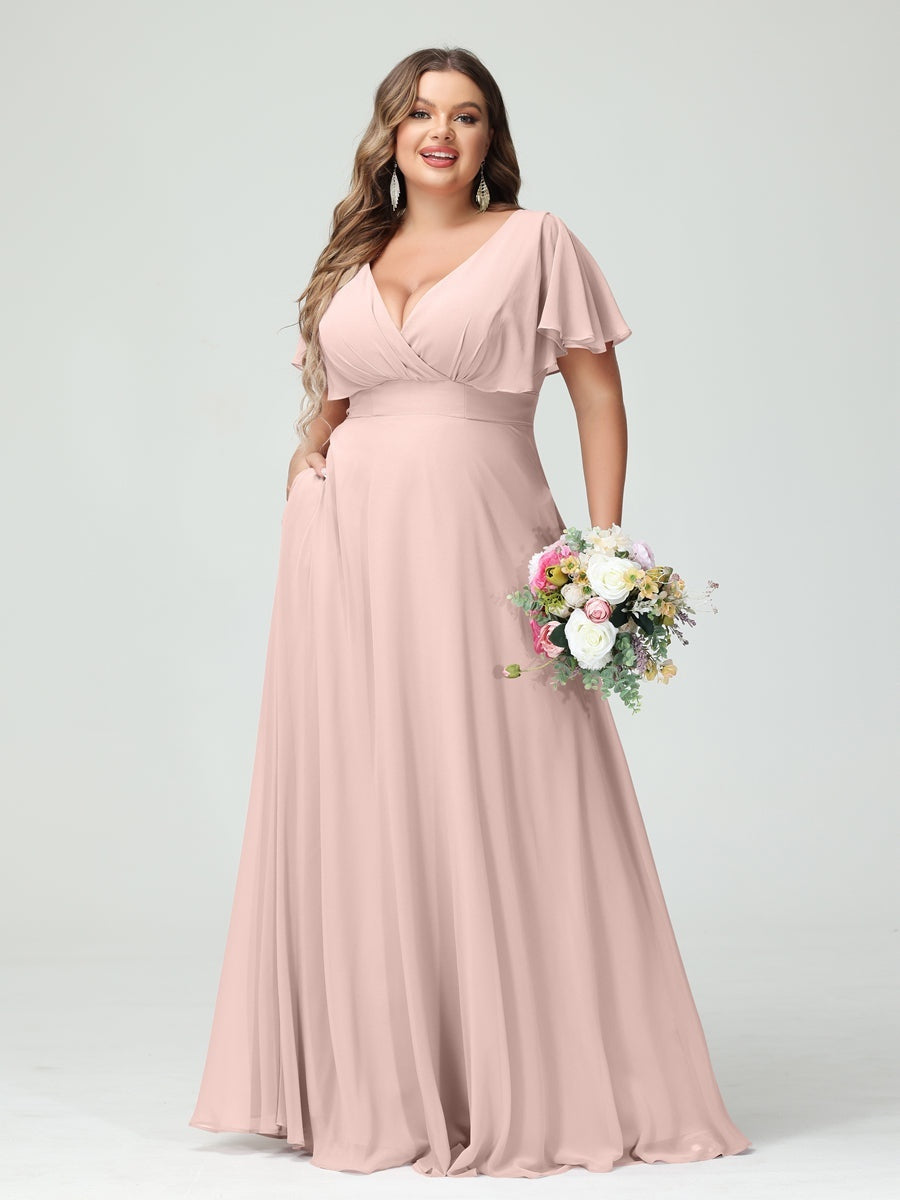 Plus Size Chiffon Bridesmaid Dresses with Pockets – A-Line/Princess V-Neck Short Sleeves