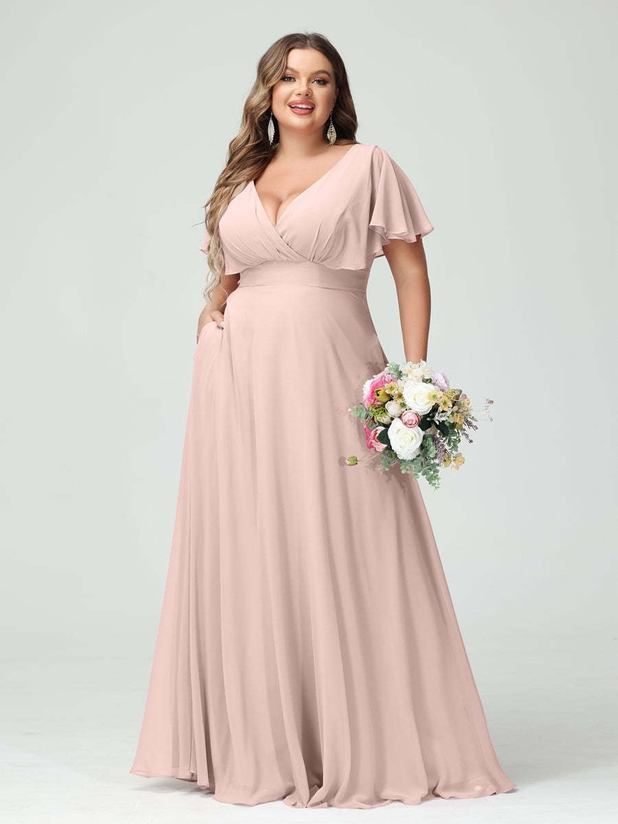 Plus Size Chiffon Bridesmaid Dresses with Pockets – A-Line/Princess V-Neck Short Sleeves