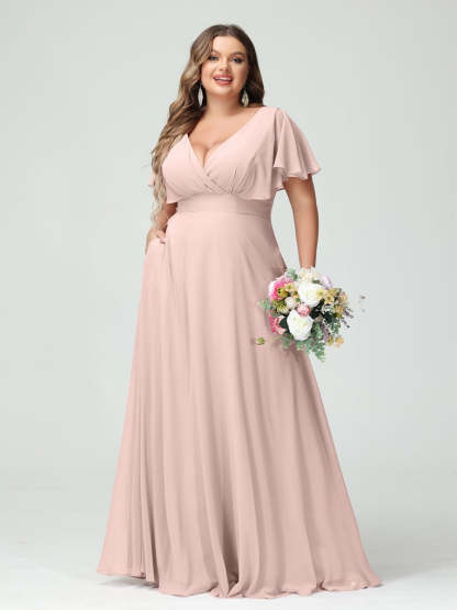 Plus Size Chiffon Bridesmaid Dresses with Pockets – A-Line/Princess V-Neck Short Sleeves