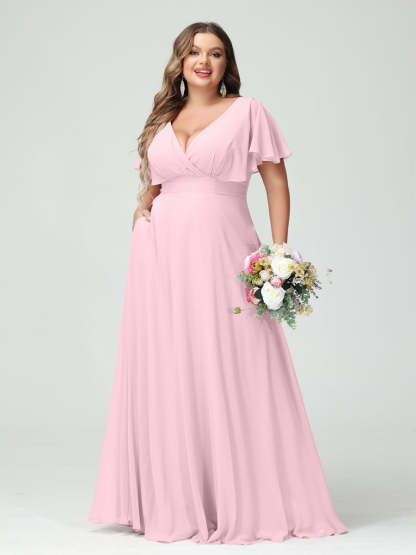 Plus Size Chiffon Bridesmaid Dresses with Pockets – A-Line/Princess V-Neck Short Sleeves