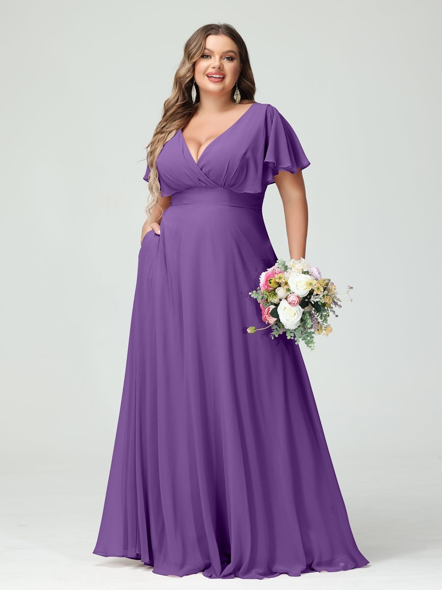 Plus Size Chiffon Bridesmaid Dresses with Pockets – A-Line/Princess V-Neck Short Sleeves