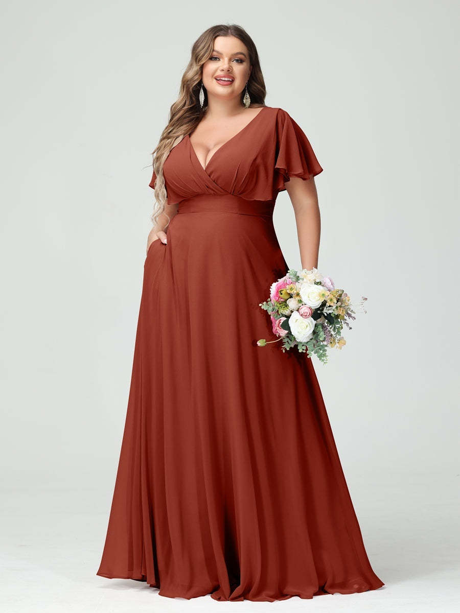 Plus Size Chiffon Bridesmaid Dresses with Pockets – A-Line/Princess V-Neck Short Sleeves