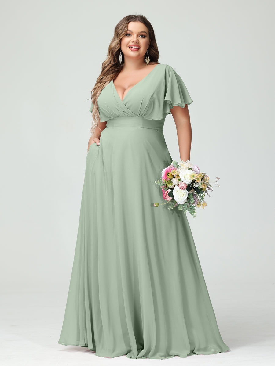 Plus Size Chiffon Bridesmaid Dresses with Pockets – A-Line/Princess V-Neck Short Sleeves