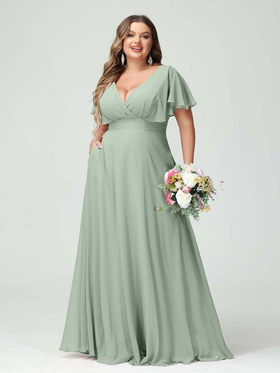 Plus Size Chiffon Bridesmaid Dresses with Pockets – A-Line/Princess V-Neck Short Sleeves