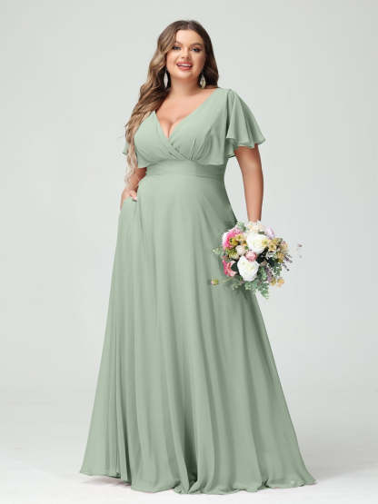 Plus Size Chiffon Bridesmaid Dresses with Pockets – A-Line/Princess V-Neck Short Sleeves