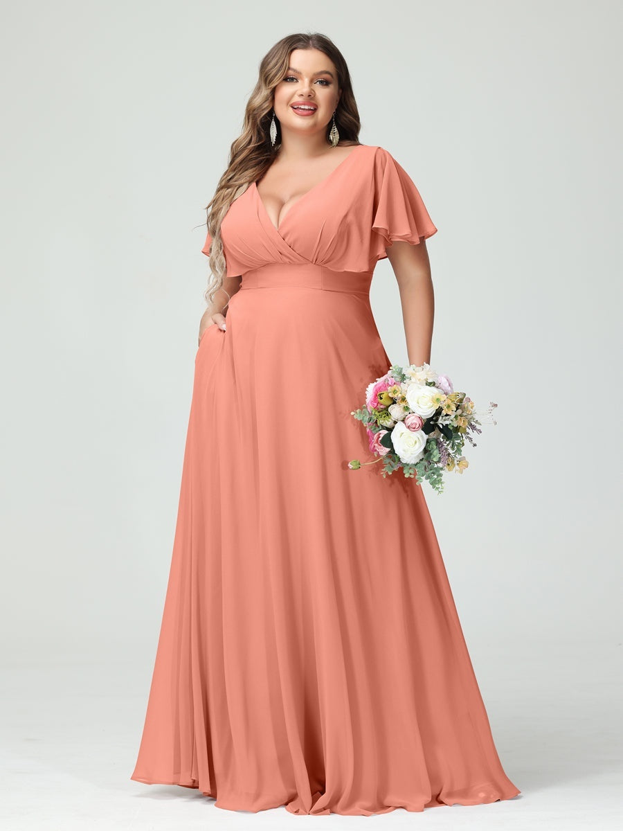 Plus Size Chiffon Bridesmaid Dresses with Pockets – A-Line/Princess V-Neck Short Sleeves