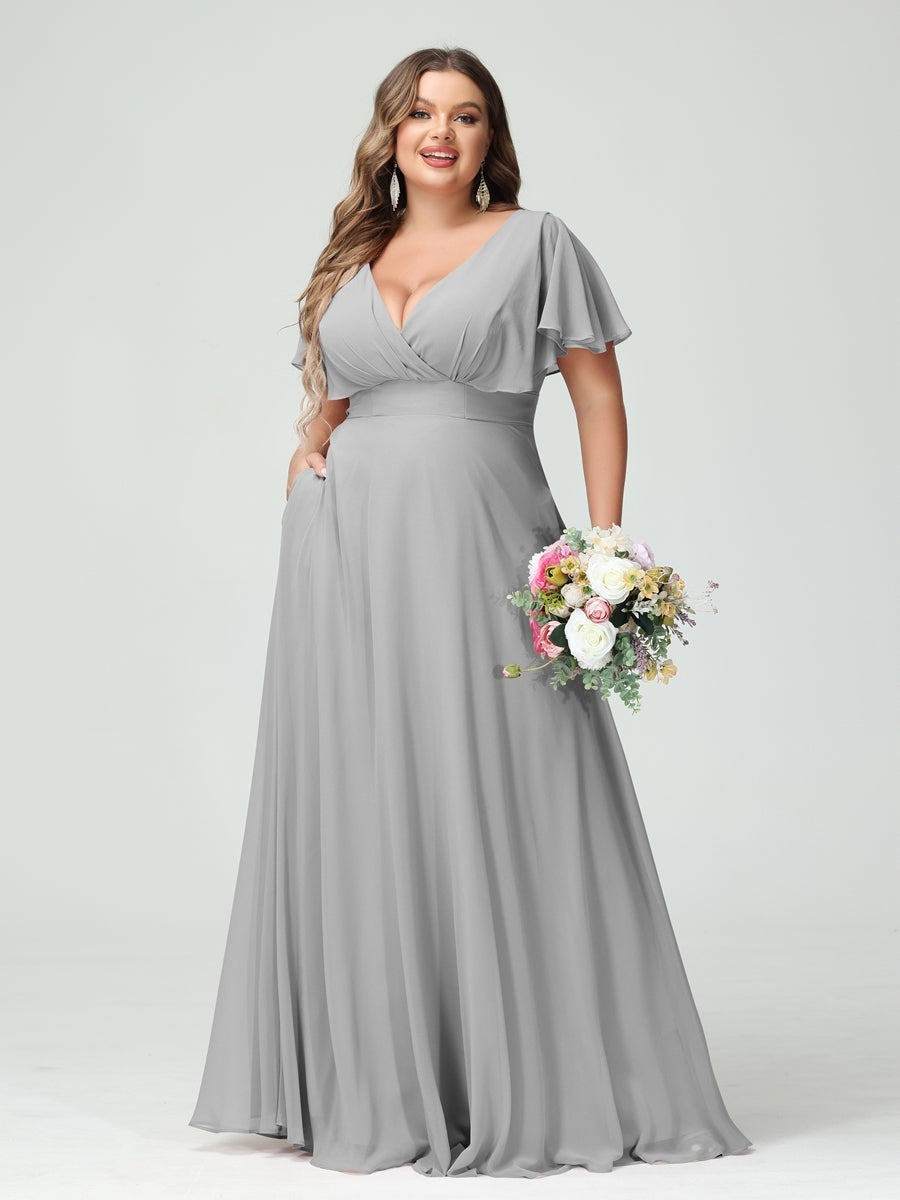 Plus Size Chiffon Bridesmaid Dresses with Pockets – A-Line/Princess V-Neck Short Sleeves