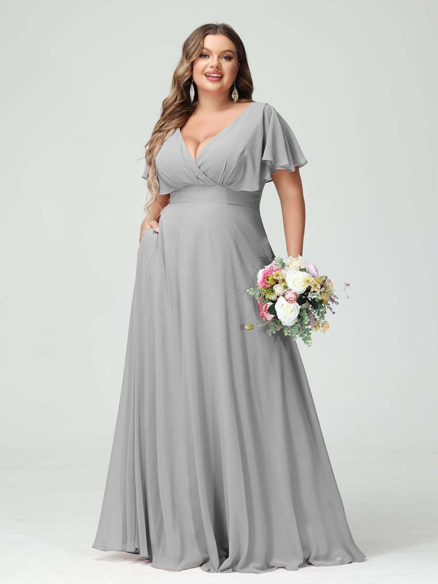 Plus Size Chiffon Bridesmaid Dresses with Pockets – A-Line/Princess V-Neck Short Sleeves