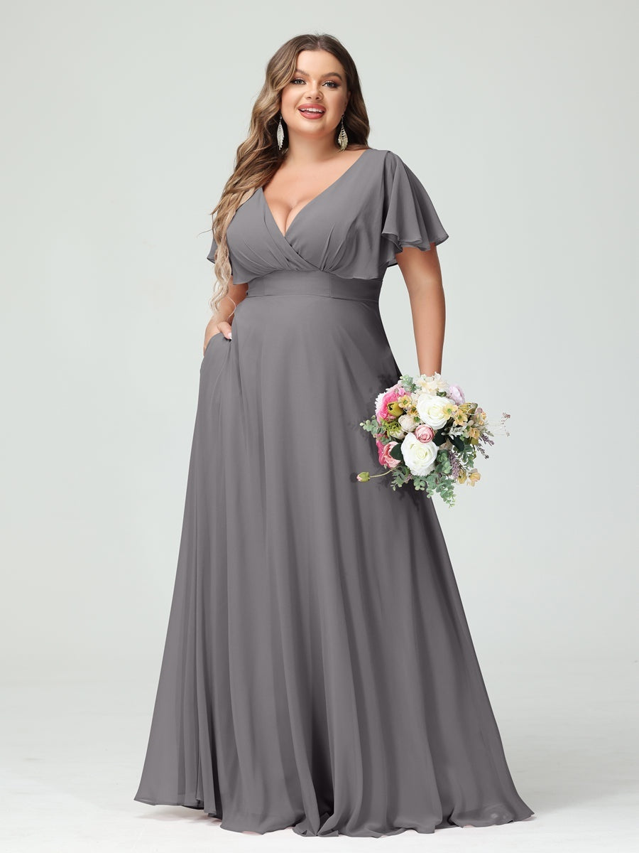 Plus Size Chiffon Bridesmaid Dresses with Pockets – A-Line/Princess V-Neck Short Sleeves