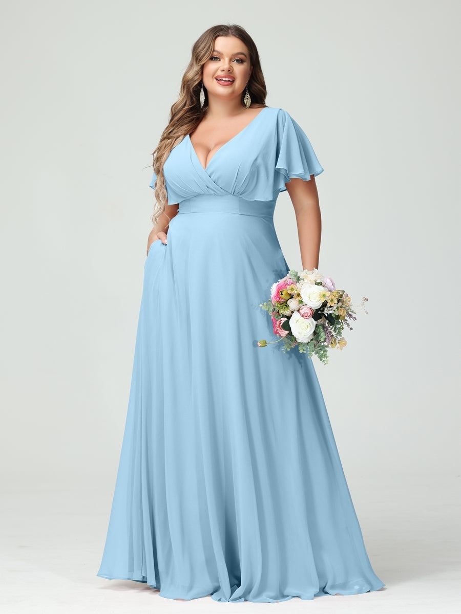 Plus Size Chiffon Bridesmaid Dresses with Pockets – A-Line/Princess V-Neck Short Sleeves
