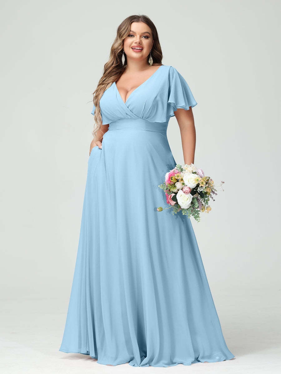 Plus Size Chiffon Bridesmaid Dresses with Pockets – A-Line/Princess V-Neck Short Sleeves