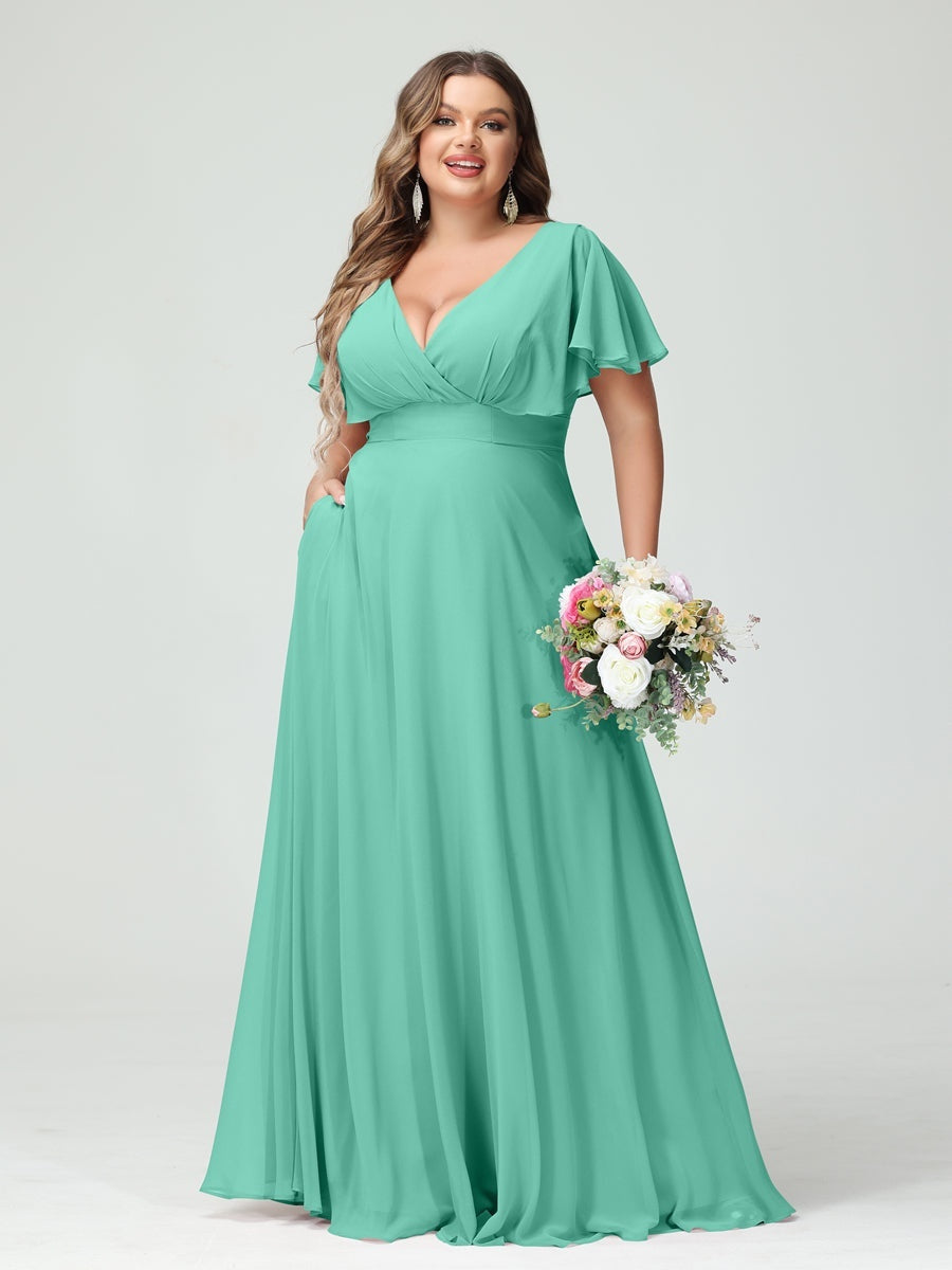 Plus Size Chiffon Bridesmaid Dresses with Pockets – A-Line/Princess V-Neck Short Sleeves