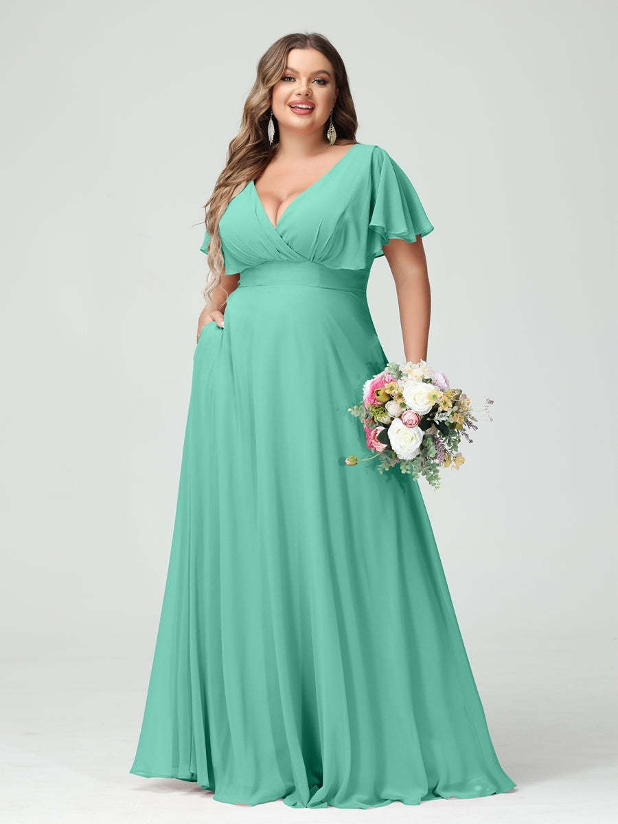 Plus Size Chiffon Bridesmaid Dresses with Pockets – A-Line/Princess V-Neck Short Sleeves