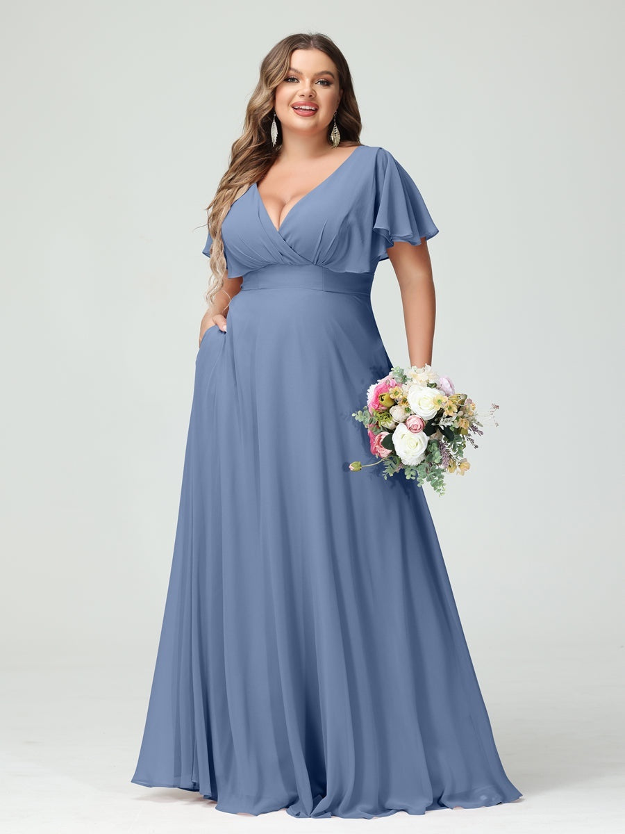 Plus Size Chiffon Bridesmaid Dresses with Pockets – A-Line/Princess V-Neck Short Sleeves