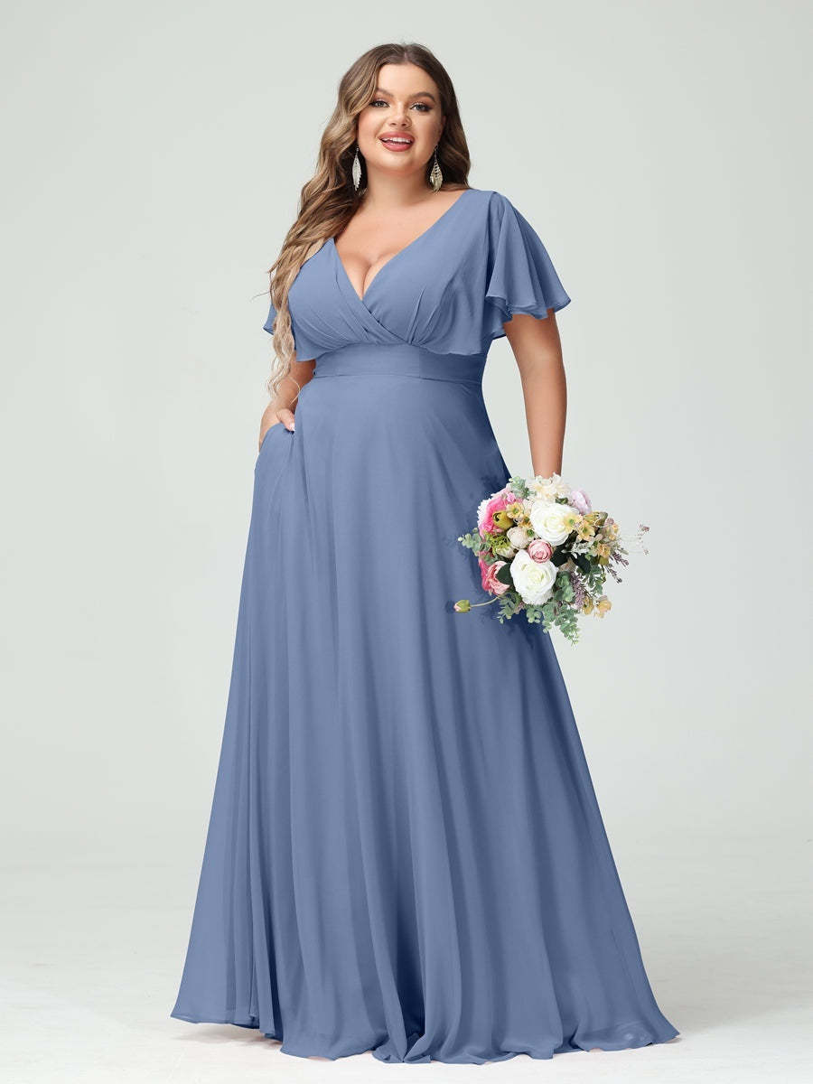 Plus Size Chiffon Bridesmaid Dresses with Pockets – A-Line/Princess V-Neck Short Sleeves