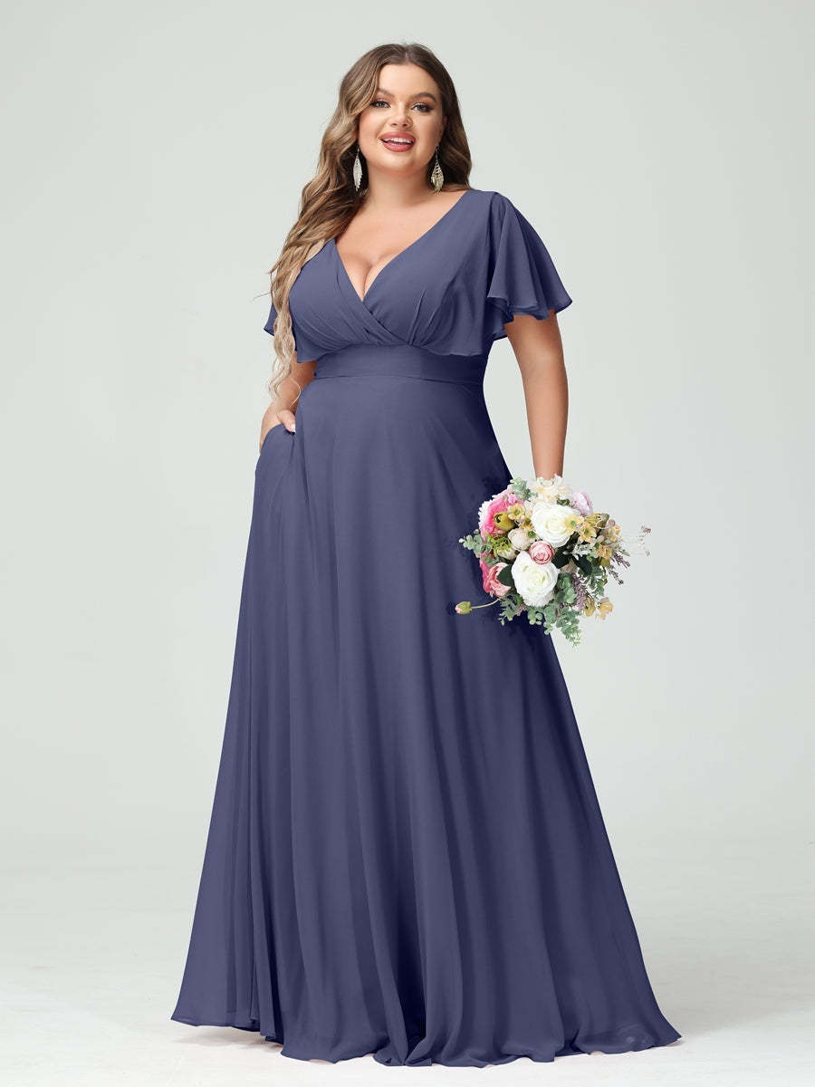 Plus Size Chiffon Bridesmaid Dresses with Pockets – A-Line/Princess V-Neck Short Sleeves