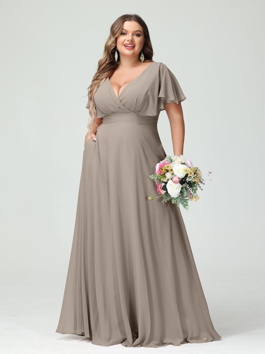 Plus Size Chiffon Bridesmaid Dresses with Pockets – A-Line/Princess V-Neck Short Sleeves
