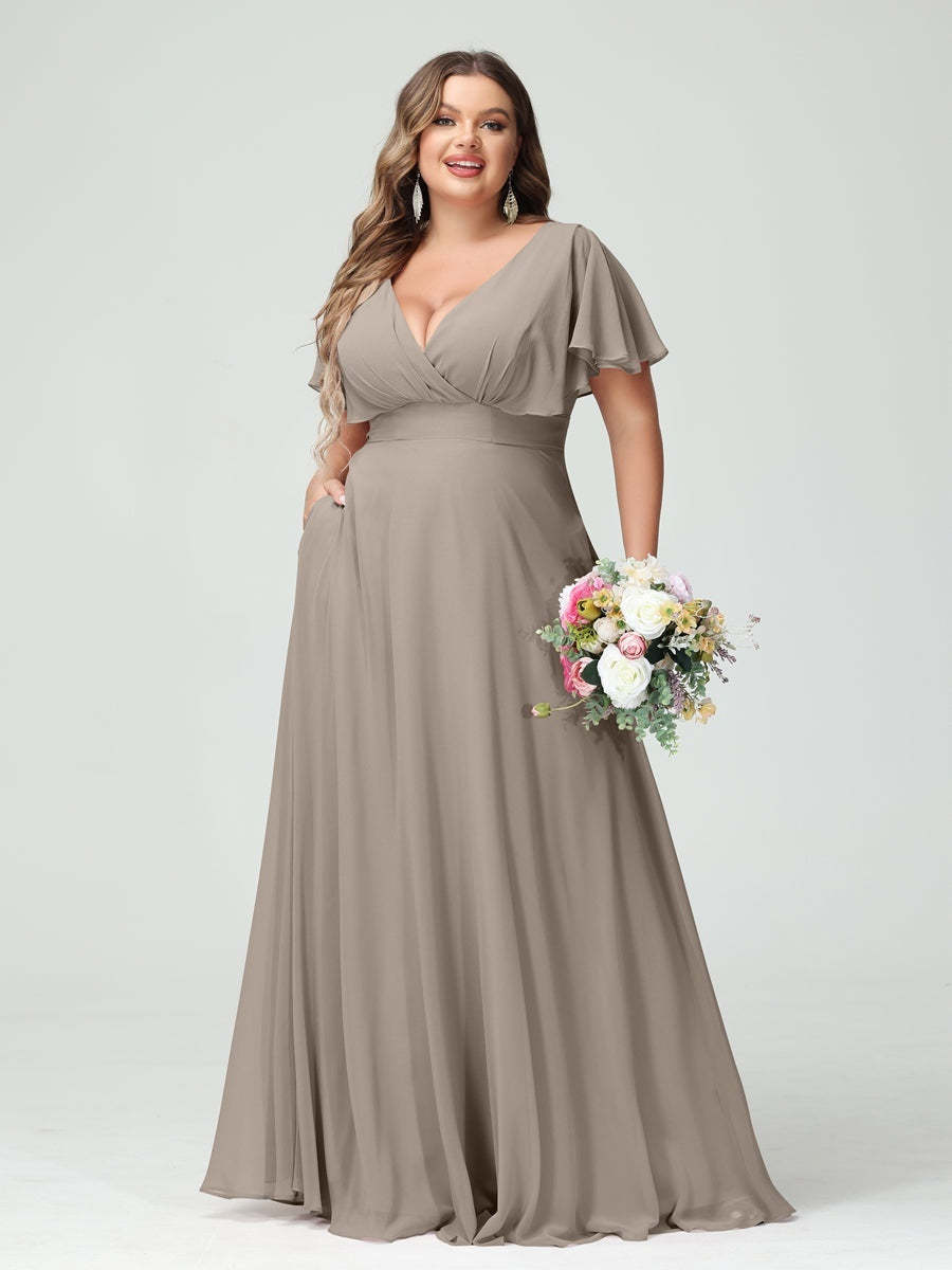 Plus Size Chiffon Bridesmaid Dresses with Pockets – A-Line/Princess V-Neck Short Sleeves