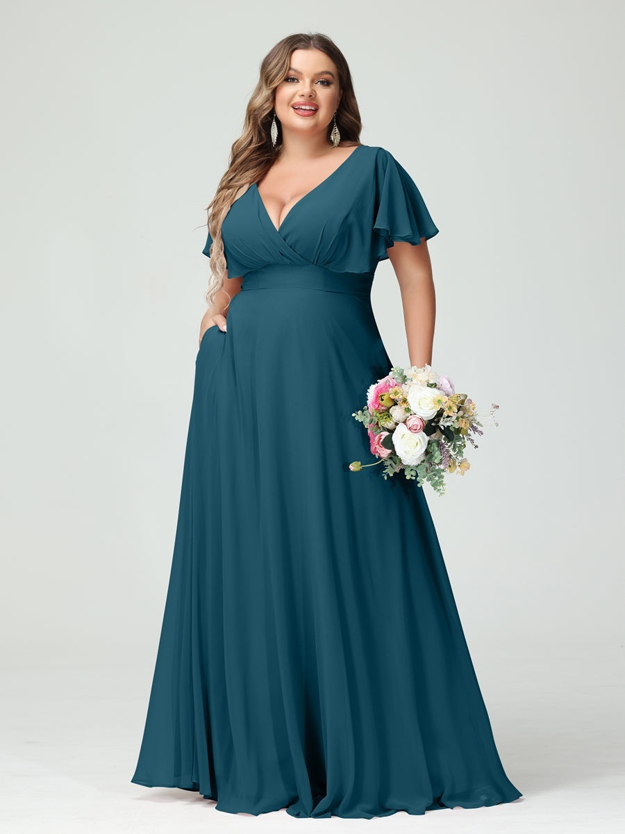 Plus Size Chiffon Bridesmaid Dresses with Pockets – A-Line/Princess V-Neck Short Sleeves