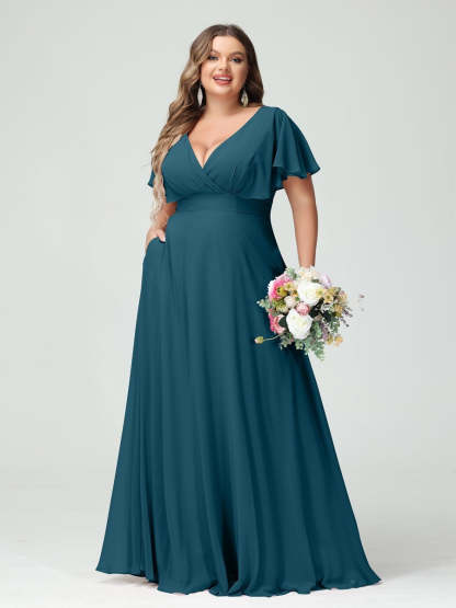 Plus Size Chiffon Bridesmaid Dresses with Pockets – A-Line/Princess V-Neck Short Sleeves