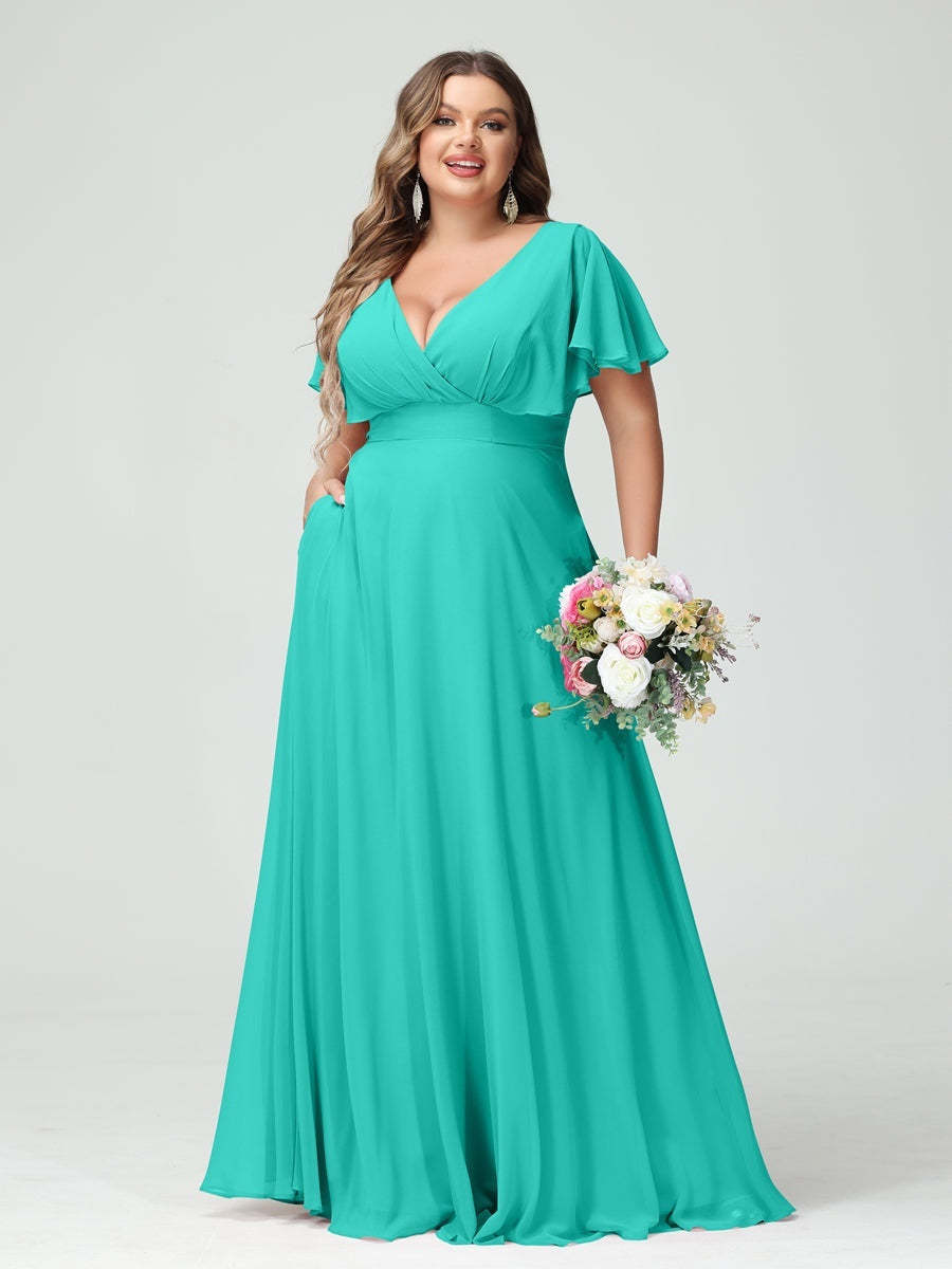Plus Size Chiffon Bridesmaid Dresses with Pockets – A-Line/Princess V-Neck Short Sleeves