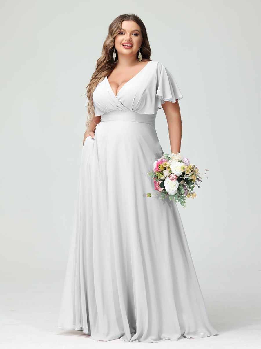 Plus Size Chiffon Bridesmaid Dresses with Pockets – A-Line/Princess V-Neck Short Sleeves