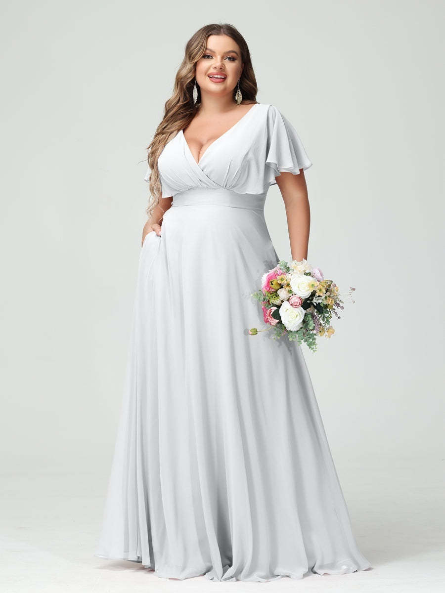 Plus Size Chiffon Bridesmaid Dresses with Pockets – A-Line/Princess V-Neck Short Sleeves