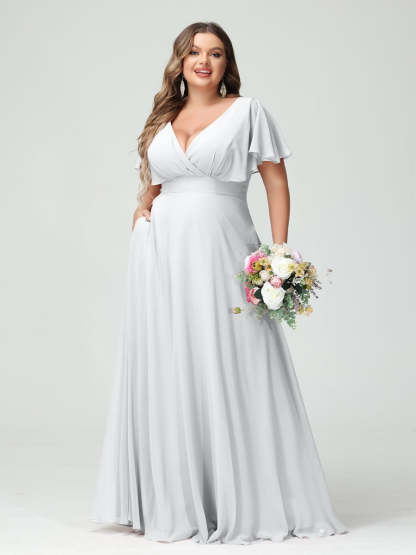 Plus Size Chiffon Bridesmaid Dresses with Pockets – A-Line/Princess V-Neck Short Sleeves