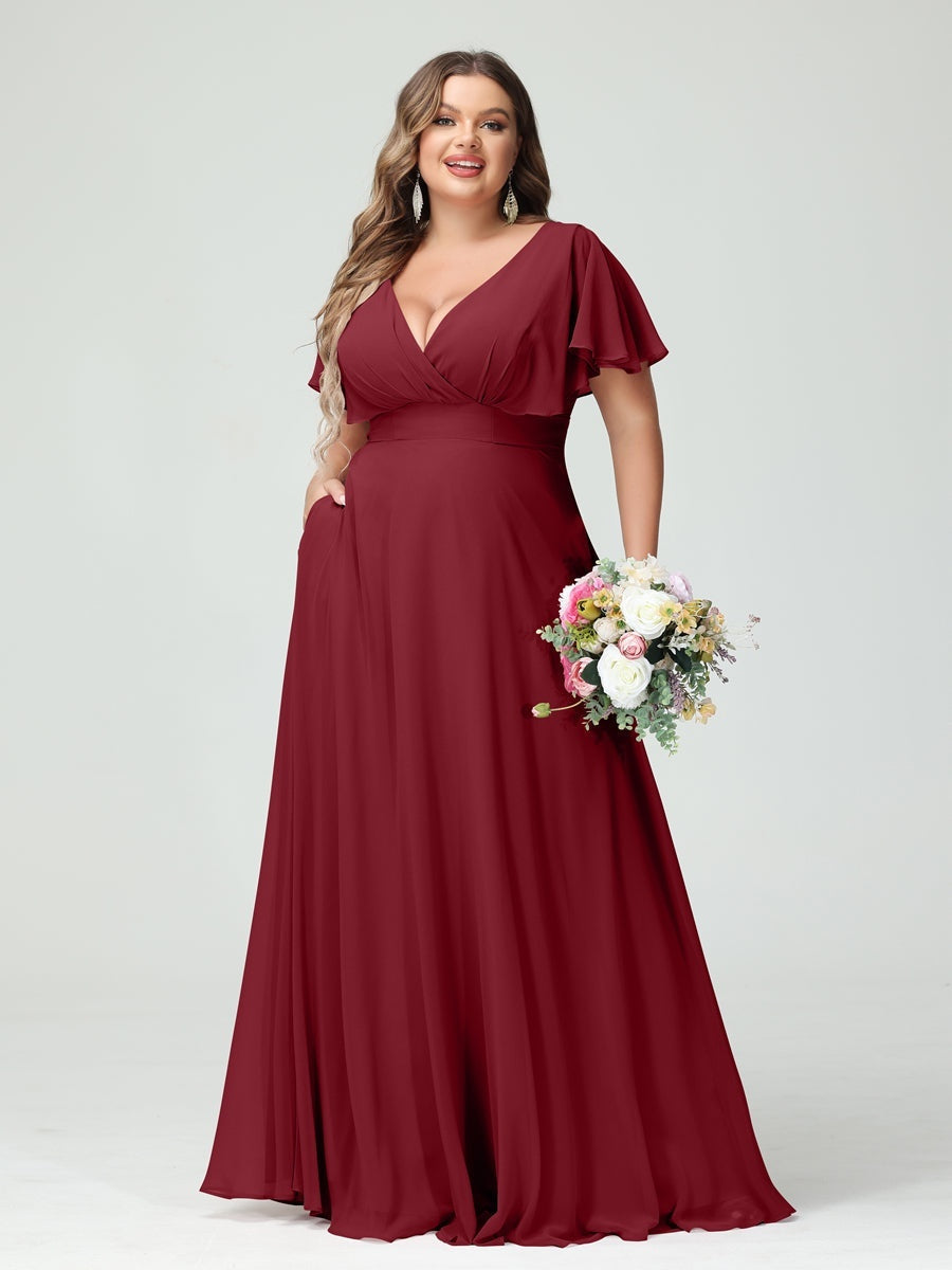 Plus Size Chiffon Bridesmaid Dresses with Pockets – A-Line/Princess V-Neck Short Sleeves